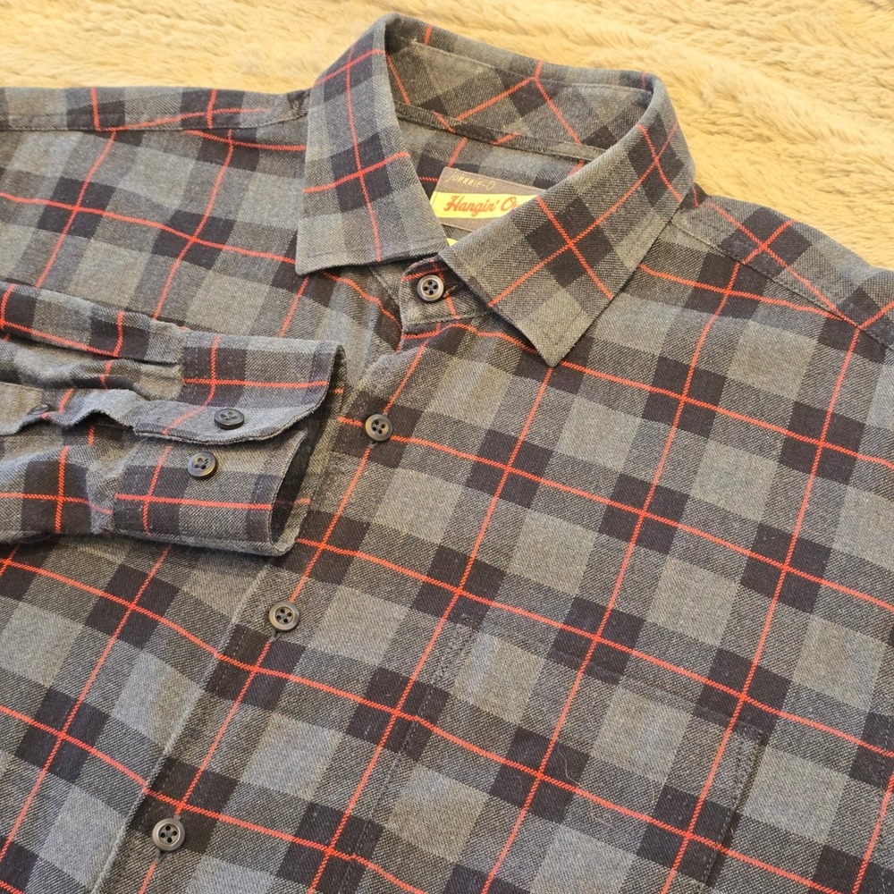 Johnnie-O Hangin Out Mens‎ Large Grey Red Plaid Button Down Flannel Shirt Cotton